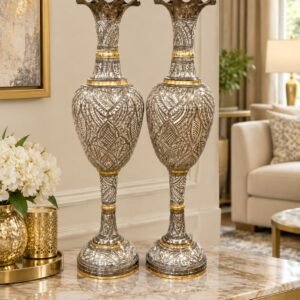 40-Inch Handcrafted Kashmiri Brass Flower Vase Pair – Grand Full Fancy Floor Standing Metal Vases