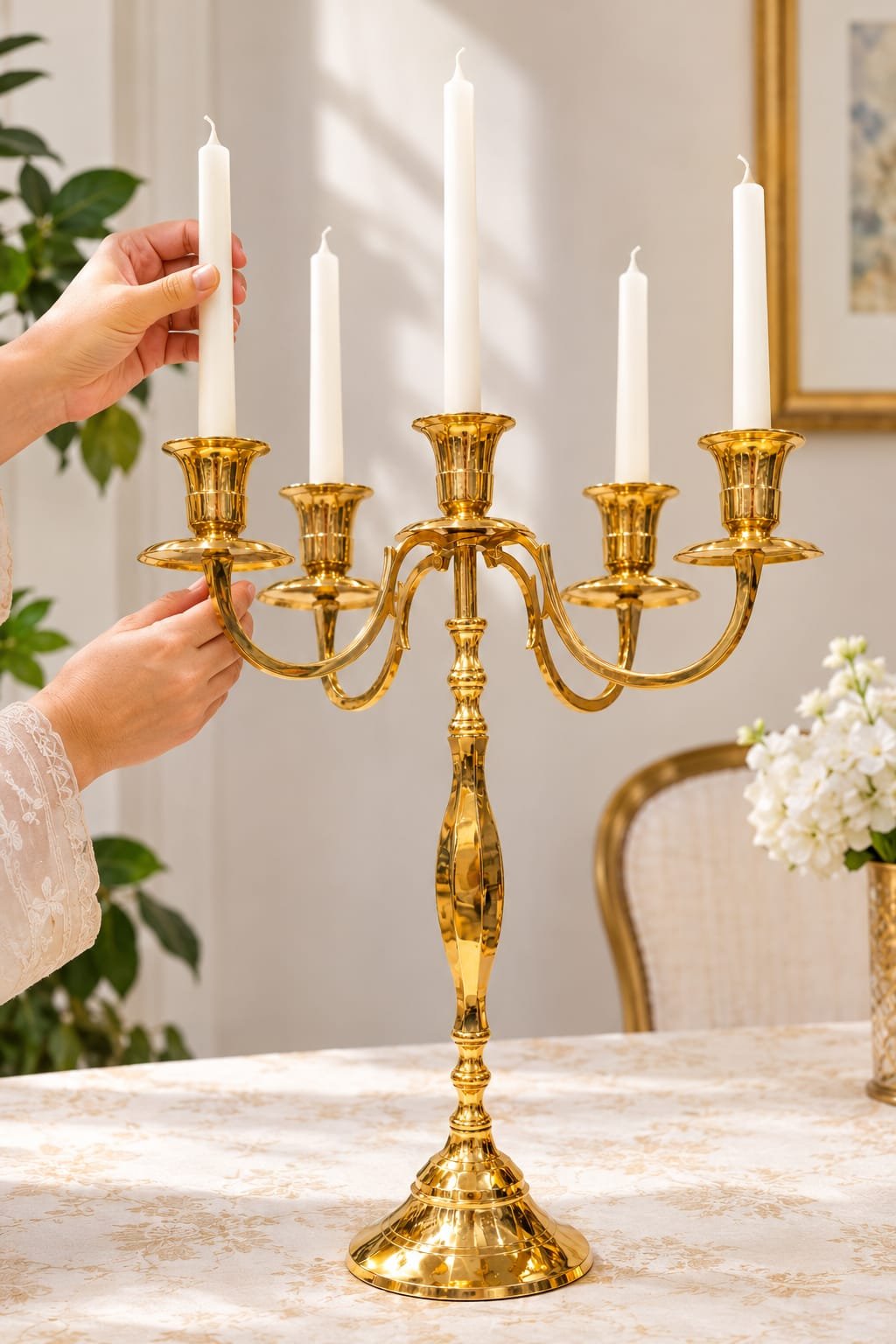 Luxurious Pure Brass 5-Arm Candelabra Candle Holder (20 Inches) – Large Royal Golden Peetal Candle Stand - Image 3