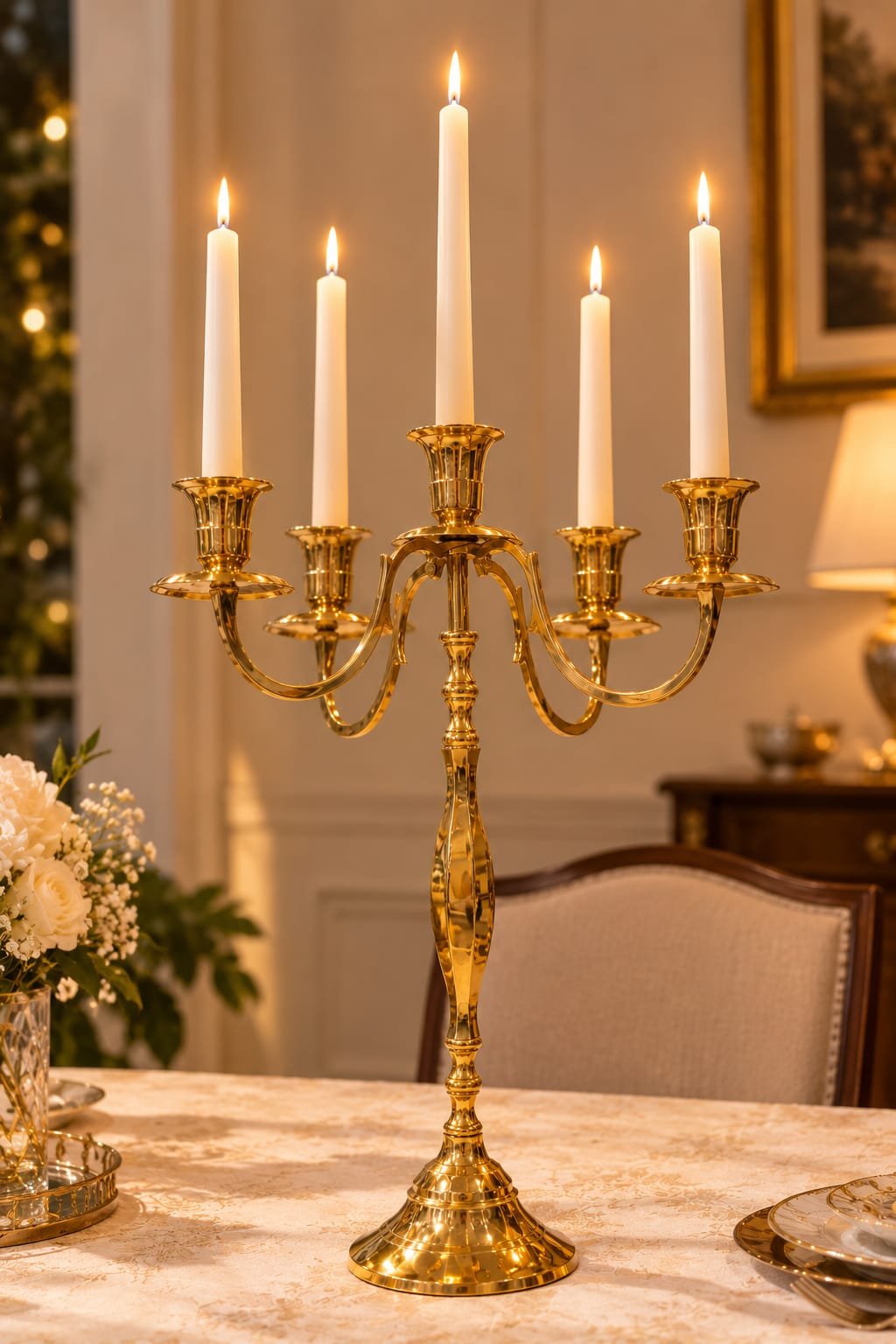 Luxurious Pure Brass 5-Arm Candelabra Candle Holder (20 Inches) – Large Royal Golden Peetal Candle Stand - Image 4