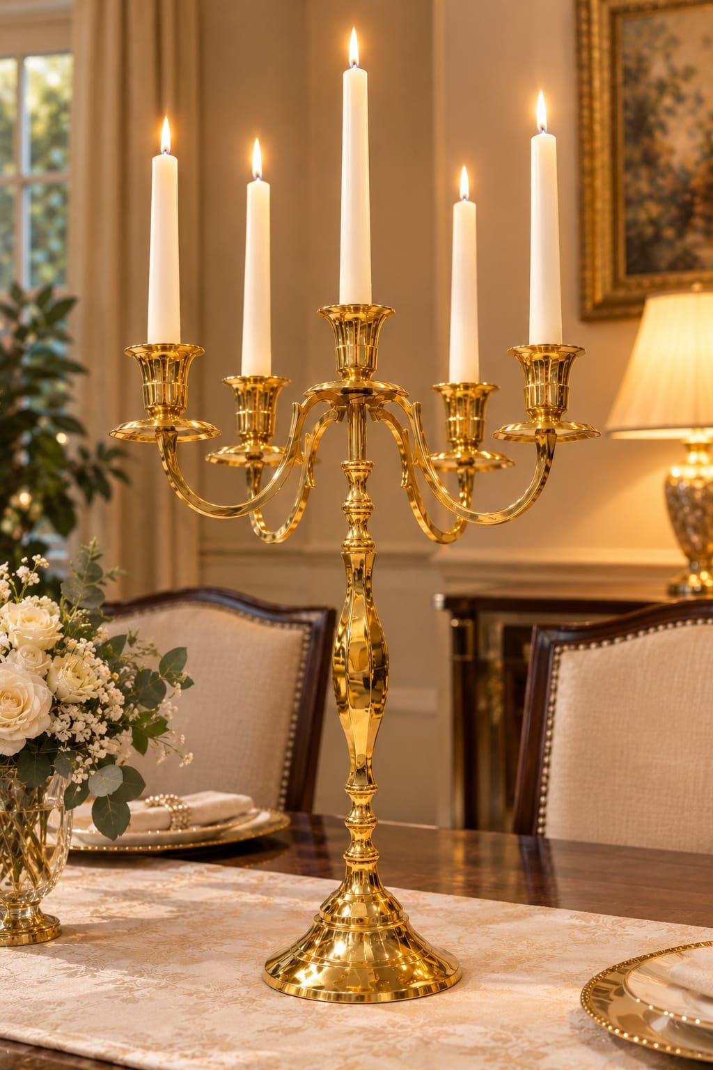 Luxurious Pure Brass 5-Arm Candelabra Candle Holder (20 Inches) – Large Royal Golden Peetal Candle Stand - Image 5