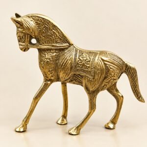 Handcrafted Pure Brass Horse Statue (Golden) – Antique Decorative Peetal Ghoda Figurine (6 Inches)