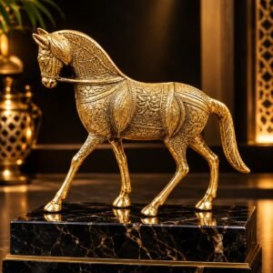 Handcrafted Pure Brass Horse Statue Golden (8 Inches) – Heavy Solid Peetal Ghoda Figurine
